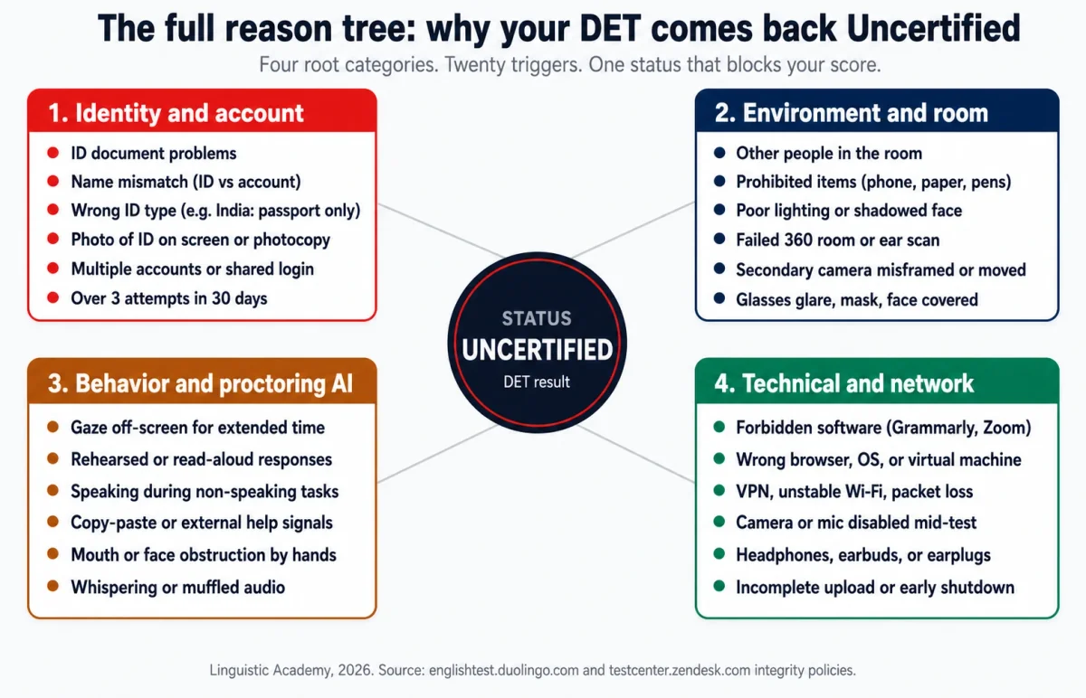 Duolingo English Test Uncertified reasons mindmap. Four root categories cause DET uncertified results: identity and account issues, environment and room flags, behavior and proctoring AI triggers, and technical and network failures.